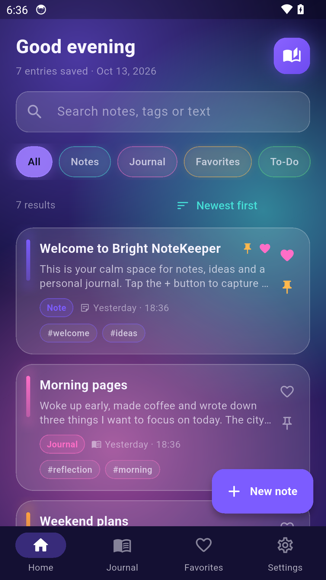 Bright NoteKeeper home screen